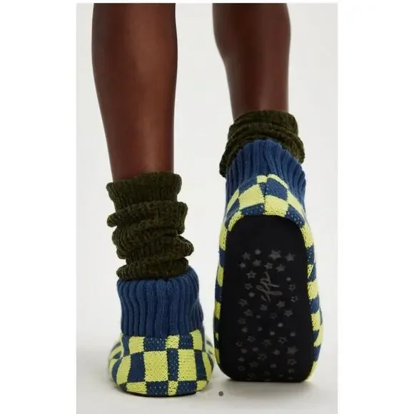 Free People Faux Fur Sleepover Booties 7 Socks Blue Yellow Checkered Cozy - Picture 9 of 9